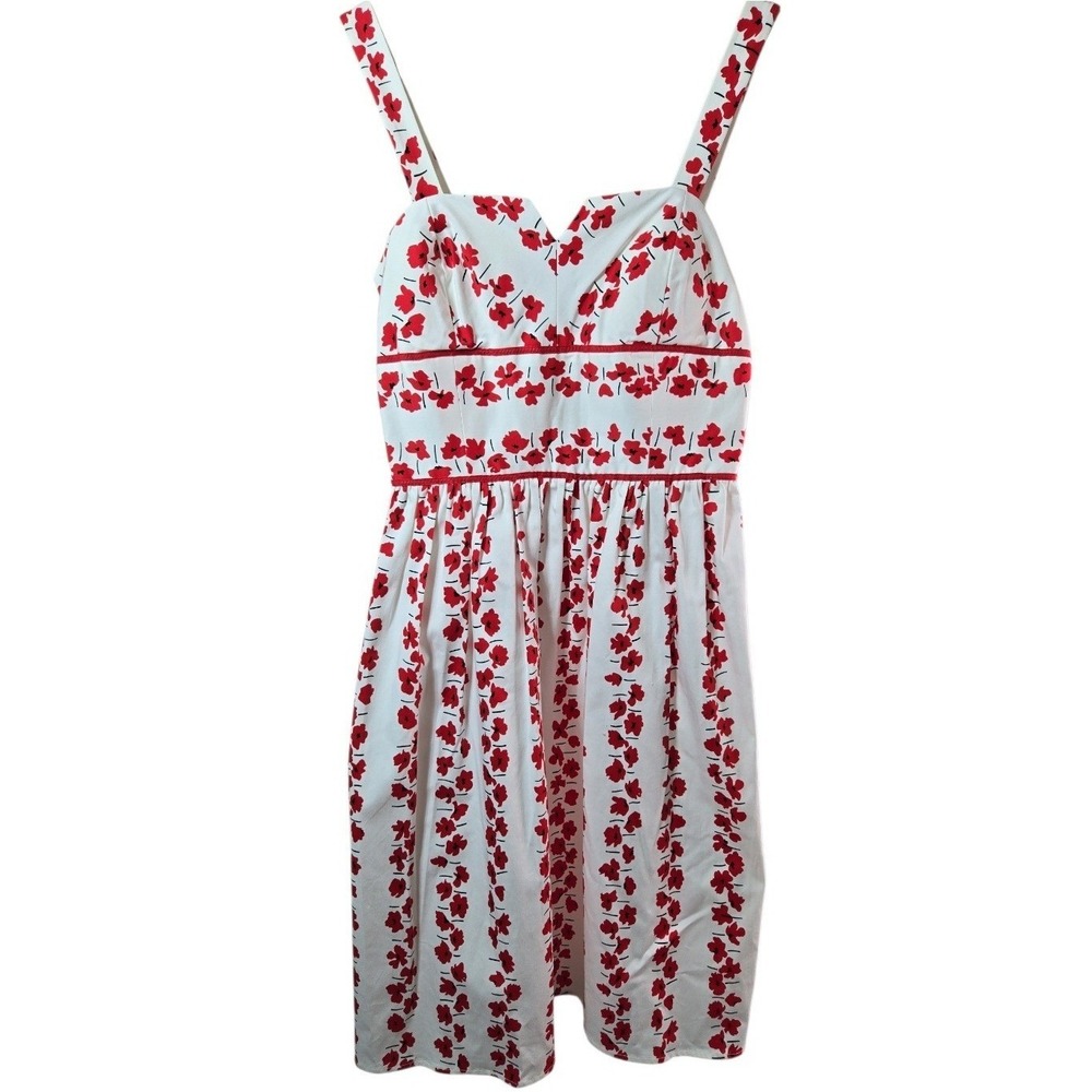R&K Originals Red White Floral Poppy Fit Flare Dress Built-in Bra Size 8 Vintage